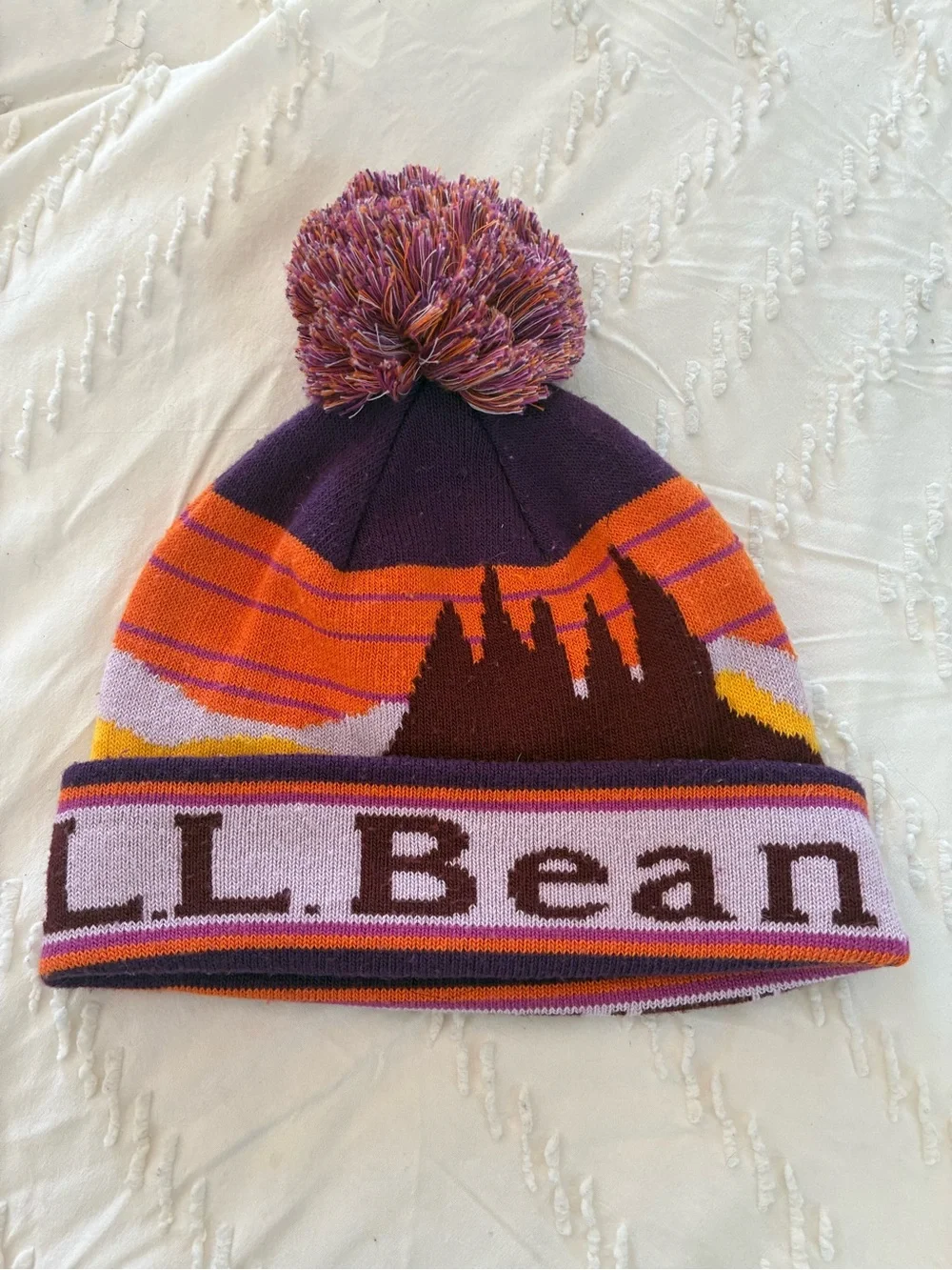 L.L. Bean  mountain Kids Knit Pom Beanie - Purple, Orange, Yellow